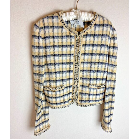 St. John Collection Womens Boucle Blazer Jacket Yellow Black Plaid Size 12